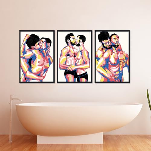 Large Triptych Gay Male Canvas Wall Art Colorful Couple Kiss Hug Posters Man Lover Abstract Love Prints Artwork Wall Decor for Apartment Bathroom Hotel Bar Framed Ready to Hand 24x36inchx3pcs - color: Art08, size: 24x36x3Pcs Black Framed