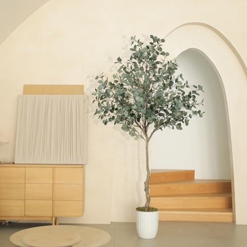 LYERSE Eucalyptus Tree Artificial 7ft - Faux Eucalyptus Tree in Plastic Nursery Pot with 995 Silver Dollar Leaves - Artificial Trees for Office House Living Room Home Decor Indoor - size: 7ft