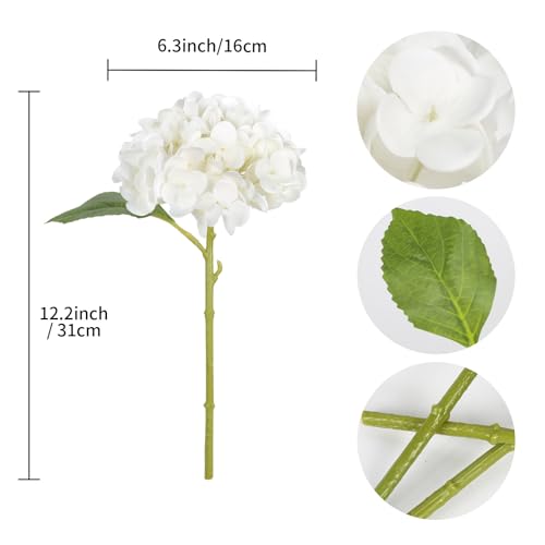 IPOPU 6PCS Real Touch Hydrangea Artificial Flowers White Fake Hydrangeas with Short Stem Latex Faux Flowers for Home Table Centerpieces Decor Floral Arrangements Wedding Bouquets Centerpieces (White) - color: White