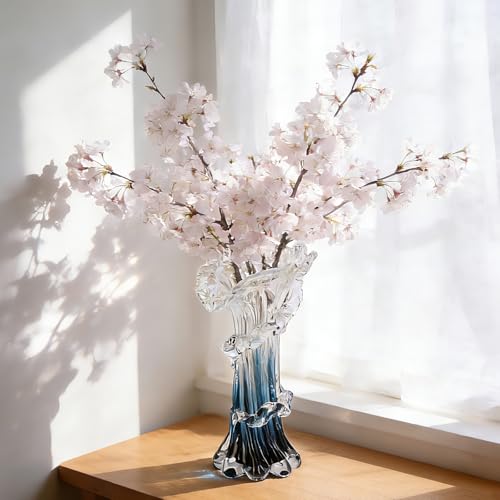Hand Blown Blue Glass Vase, Unique Art Beautiful Ocean Glass Vase for Coastal Home Decor, Coffee Table, Living Room, Office Decor - 9.8" H (Medium) - size: Medium