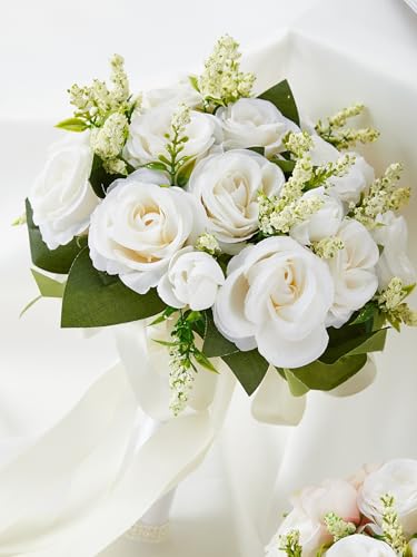 Bride/Bridesmaid Bouquets with Corsage & Boutonniere for Wedding | 8Inch Ivory White Artificial Roses Flowers Bridal Bouquet for Wedding Church Decoration, Ceremony, Anniversary, Home Decor - color: Ivory Bride Bouquets With Corsage & Boutonniere Set