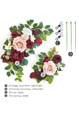 Wedding Decor (Pack of 2) Welcome Sign Flower Backdrop Garland for Ceremony Reception Wall Easel Home Decoration Entryway Faux Outdoor Board Head Table Decor (Burgundy & Dusty Rose) - color: Burgundy & Dusty Rose