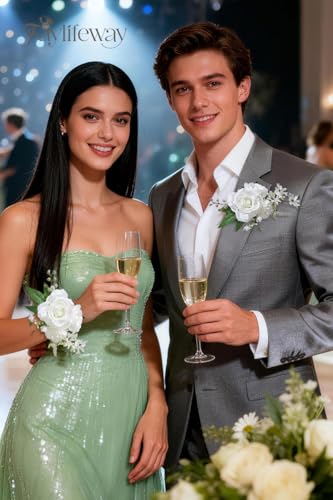 White Rose Boutonniere and Wrist Corsages for Wedding(Set of 2)，Prom Corsage for Bridesmaid Mother Grandmother, Artificial Flowers for Homecoming Party Anniversary Graduation Decor - color: Bright White, size: 1 Corsage & 1 Boutonniere