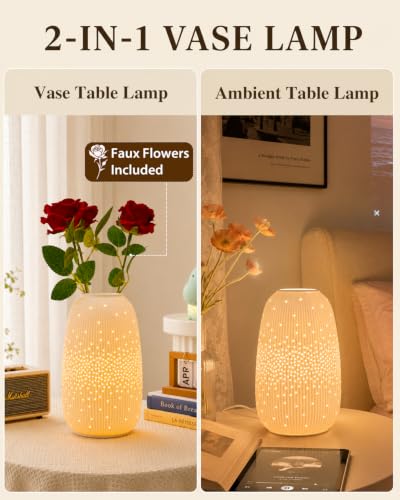 TACAHE Ceramic Vase Table Lamp, 2700K Bulb & 3 Artificial Flowers Included, E12 Socket, Inline Switch, Handmade Openwork Craft, Ambient Light for Living Room Bedroom - Starry 9.3" - style: Starry