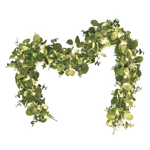 Dolicer 2 Packs 6FT Artificial Eucalyptus Garland with LED Light String, Faux Greenery Garland Hanging Fake Silver Dollar Eucalyptus Leaves Vines for Wedding Backdrop Arch Table Wall Party Home Decor - color: Grey Green With Light, size: 2 Packs