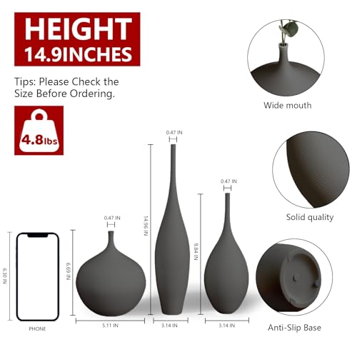 Relexome Black Ceramic Vase Modern Boho Wabi-Sabi Flower Vase Set of 3 Decorative Aesthetic Vases for Centerpieces Matte Minimalist Vases for Living Room Table Shelf Home Decor Gift - color: Black