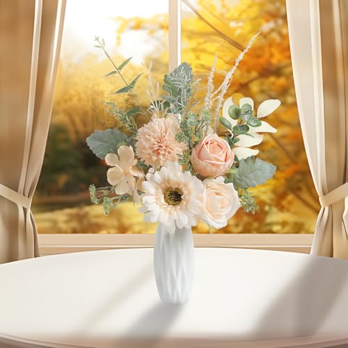 Small 11.8" Artificial Flowers in Ceramic Vase - Champagne Silk Flower Centerpiece for Dining Table, Office, Wedding & Farmhouse, Home Decor Gifts - color: Champagne