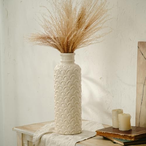 Ceramic Flower Vase, 13.98" Tall Rustic Farmhouse Decorative Vase for Home Decor, Beige Textured Pottery Vase for Pampas Grass, Living Room, Entryway, Mantel, Kitchen Table - color: 101-white
