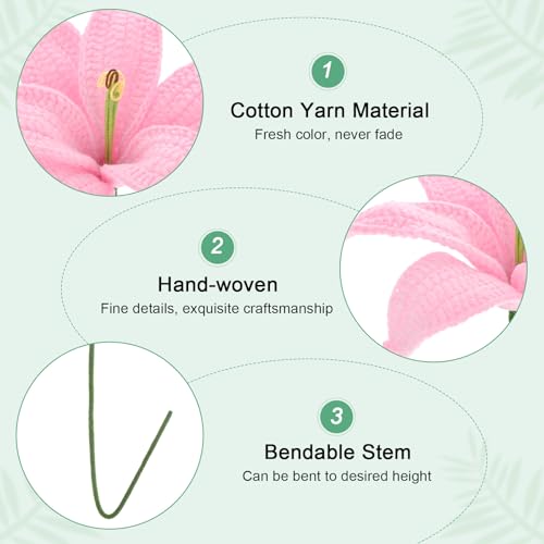 M METERXITY 1-Pack Crochet Flowers, Knitted Artificial Wool Lily for Mother's Day/Wedding/Birthday/DIY Decor, Handmade Knitted Flowers [Pink] - color: Pink