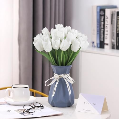 Artificial Tulips - 20 Stems Real Touch Realistic Fake Tulip Flowers, Premium Silk Feel, UV-Resistant, Anti-Fade, Waterproof Lifelike Faux Tulips for Home Decor, Wedding, Party, DIY (White) - color: White