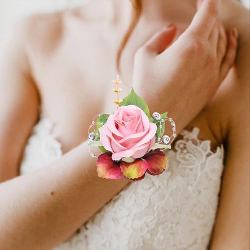 Rose Wrist Corsage Prom Corsages Wristlet Bridal Hand Flower for Women and Girls (Pink) - color: Pink