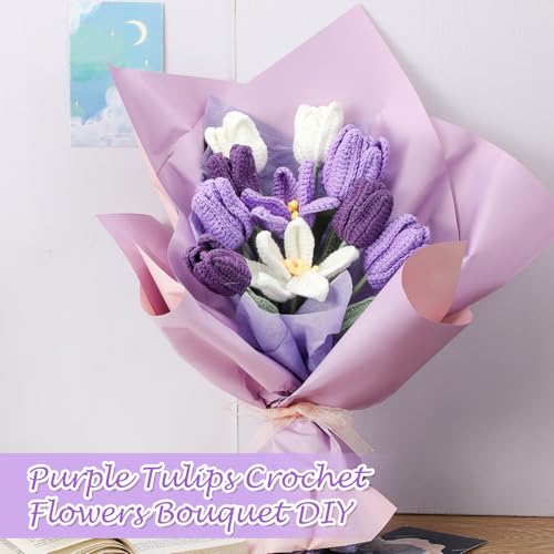 Shihanee 10 Pcs Tulip Crochet Flowers Bouquet Handmade Knitted Flower Decor Birthday Gifts for Women Grandma Spring Home Vase Centerpiece, 13.7", Vase Not Inchluded(Purple, White) - color: Purple, White