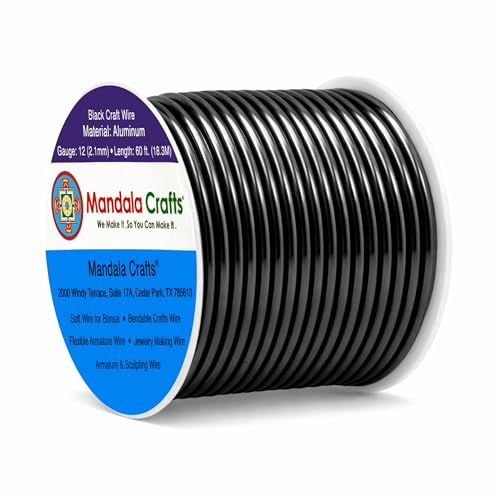 Mandala Crafts 12 Gauge Anodized Aluminum Craft Wire for Jewelry Making - 60 FT Colored Flexible Black Wire - Bendable for Bonsai Armature Crafting Sculpting - color: Black, size: 12 Gauge