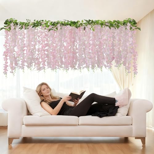 ARTKAIKE Artificial Flowers Garland for Home Decor, Fake Wisteria Vine Silk Hanging Plant Flower for Room Bathroom Wall Kitchen Bedroom Garden Outdoor Wedding Decor (4, Light Pink) - color: Light Pink