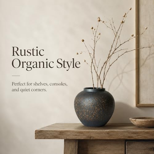 Black Ceramic Vase for Decor, 8.5 Inch Round Textured Flower Vase with Wide Mouth, Rustic Modern Home Decor Accent for Living Room, Shelf, Mantel, Entryway, Table Centerpiece - color: Black and Brown, size: 8.3in