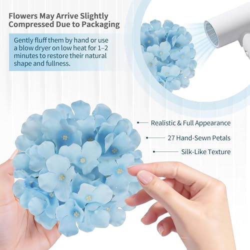40 PCS Blue Silk Hydrangea Flowers, Detachable Heads + 8-Inch Wired Stems, Full 6 Inch Faux Hydrangea Heads for Boy Baby Shower, Coastal Wedding & Pollen-Free Decor - color: Blue(no Accessories)