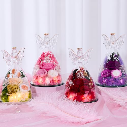 Mothers Day Rose Gifts for Women Preserved Real Flower in Glass Angel Figurines Roses for Delivery Prime Birthday Gifts for Mom Grandma Girlfriend Wife Her, ChampagneGold Austin - color: Champagnegold Austin