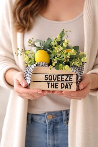 Lemon Decor | Mini Crate with Fake Lemons | Squeeze the Day, 5" W x 6" H | Lemon Decorations for Kitchen | Boho Kitchen, Cottage Core Decor | Lemon Themed Gifts (Squeeze The Day) - style: Squeeze The Day