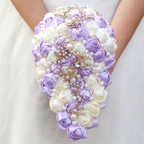 Handmade Satin Rose Water Drop Bridal Bouquet,8.7inch Crystal Wedding Round Tossing Bouquet,Jewelry Proposal Bridesmaid Bouquet Groom Corsage Bride Wrist Flower Ivory (Light Purple&Ivory) - color: Light Purple&ivory