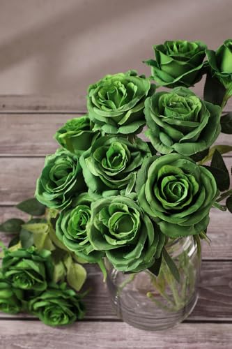 Luyue 10PCS Artificial Roses Flower with Stems Slik Fake Flowers Bouquet Realistic Long Stem Faux Rose for Valentines Day Wedding Home Decor - color: Dark Green
