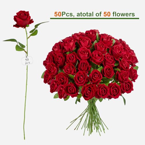 19.6" Artificial Flowers Roses Touch Fake Rose Bouquet Flower Stem for Wedding Centerpieces DIY Wreath Home Decorations Silk Roses Mothers Party Fake Outdoor Flowers Decor(50PCS Red) - color: Red 50pcs