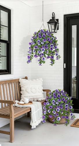 Artificial Morning Glory Flowers with Hanging Basket - Faux Morning Glory Vines UV Resistant Plastic Fake Flowers with Basket Plants for Home Porch Patio Balcony Garden Yard Spring Decor Purple - color: Purple, size: 23.6"