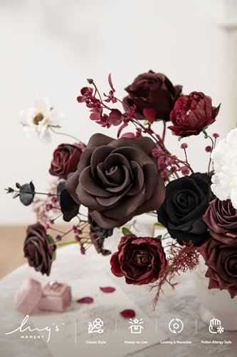 Ling's moment Fake Flowers Box, Faux Artificial Greenery Stems Foam Roses Peonies Silk Eucalyptus Leaves Fabic Flower for Centerpieces Bouquet Wedding Vase Decorations, Burgundy & Black, Deluxe Combo - color: Red-burgundy & Black, size: Deluxe