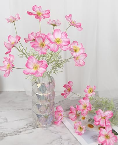5Pcs Pink Fake Flowers 22” Long Stem Cosmos Artificial Flowers Daisy Fake Wildflowers for Tall Vase Table Arrangement Home Room Bathroom Decor Wedding DIY Bouquet for Bride(Pink) - color: Pink