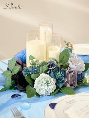 Serwalin Artificial Flowers, Blue & Grey Fake Silk Flowers for DIY Wedding Bridal Bouquets Faux Cake Flowers for Table Centerpieces Party Baby Shower Floral Decorations - color: Blue & Grey, size: Square