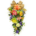 Svndlyn Spring Summer Floral Teardrop Swags Lighted Mixed Flower Teardrop Wreath with Dahlia Pinnata Peonies Rose Burlap Bow and Eucalyptus Leaves Floral Arrangement for Door Wall Mantel Window