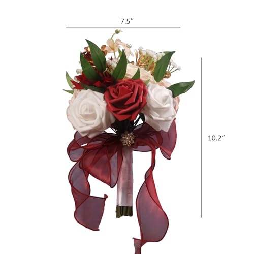LEIFENY Wedding Bouquets for Bride, Burgundy & White Bridal Bridesmaid Flower with Silk Ribbon, Artificial Toss Rose for Civil Ceremony - color: Burgundy & White