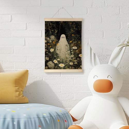 Nrleey Halloween Bathroom Poster Hanger Frame, Ghosts Floral Wall Art with Wooden Poster Hanger, Horror Spooky Wall Hanging Decor, 12x16 Inches - color: Ghost-01