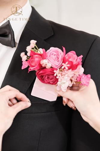 TINGE TIME Boutonniere for Men Wedding Elegant Hot Pink Groom & Best Man Pocket Flower for Wedding, Prom, Homecoming, Anniversary, Graduation, Christmas Dinner - color: Hotpink