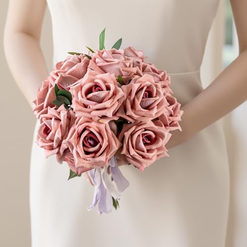 Ttranewsoo Fake Roses Faux Flowers Silk Roses 16.5in Artificial Roses with Stems Realistic Artificial Flowers Suitable for Indoor Home Decor DIY Bouquet Wedding Decor Party Decor (Pink Purple,12PCS) - color: Pink Purple 12pcs