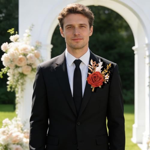 Burnt Orange Wrist Corsage and Boutonniere Set, Flower On Wrist for Bride Bridesmaid Wedding, Boutonniere for Men Groom Groomsman Wedding Accessories Prom Party Suit Decorations - color: Wrist Corsage and Boutonniere Set-orange