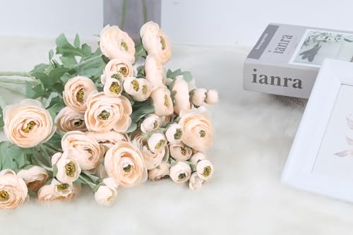 IPOPU 5pcs Fake Peonies Artificial Ranunculus Flowers 60Heads Champagne Silk Flowers 21.65" Artificial Flowers Bulk for Wedding Floral Arrangements Home Table Centerpieces Decor (Champagne) - color: Champagne