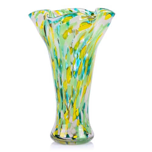 9.0"H Green Glass Vases for Flowers, Unique Hand Blown Glass Vase Green Gold Home Decor, Wide Mouth Colorful Flower Vase Centerpieces, For Living Room Table Bookshelf, Bathroom Office Shelf Decorative - color: Green