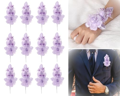 Set of 12 Artificial Silk Organza Craft Rose Flower, 12 Corsage Wristlet, 12 Pin Back DIY Boutonnieres for Wedding, Bridesmaids, Groomsmen, Quinceanera, Prom, Sweet 16 (Lavender) - color: Lavender
