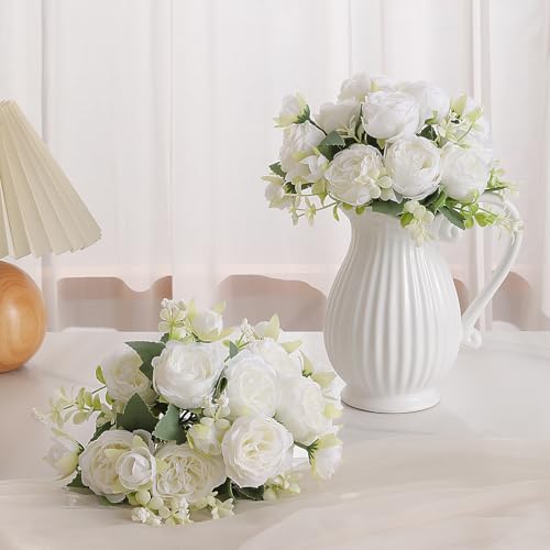 Luyue 2 Packs Peonies Artificial Flowers Vintage Faux Peony Bouquet Fake Flower for Vase Silk Floral Arrangements for Table Centerpiece Wedding Decoration Indoor Home Decor - color: White-2pcs