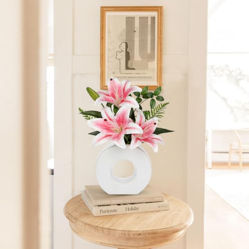 Artificial Flowers in Vase 13" Realistic Fake Lilies Flowers with 3 Heads Full Bloom Tiger Lily Floral Arrangement Pink Faux Flowers for Vase Table Centerpieces Home Wedding Bathroom Office Decor - color: Pink