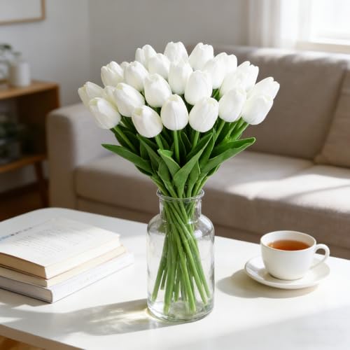 20Pcs White Artificial Tulips Flowers - 13.5" Tall Real Touch Fake Tulips for Spring Home Decor Wedding Centerpiece DIY Bouquet & Outdoor Garden Decoration