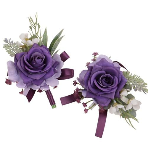 Alizeal 2Pcs of Wrist Corsage and Boutonniere Set, Artificial Flowers Accessories Suit Decor for Wedding Prom Party Homecoming Ceremony, Purple - color: 701-purple