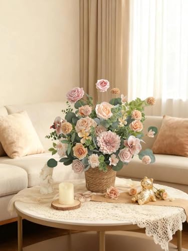 Artificial Flowers Set Champagne Coffee Silk Fake Flowers with Stems for DIY Wedding Bridal Bouquets Cake Arch Floral Arrangement Table Centerpieces Baby Shower Party Home Decorations - color: Champagne Coffee