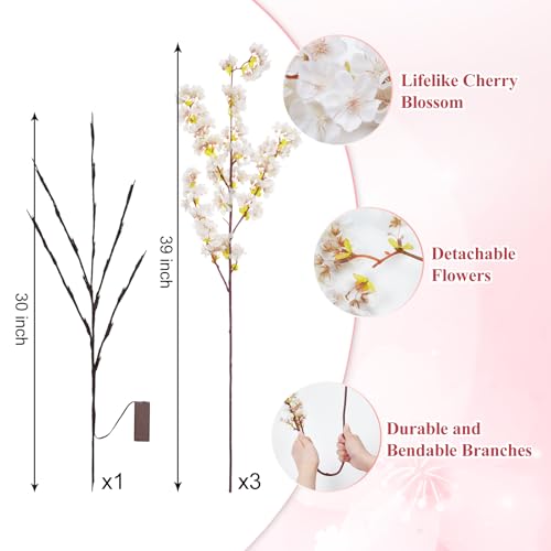 Sunm Boutique 3 PCS Silk Cherry Blossom Branches, Lighted Brown Twig Branches, Artificial White Cherry Blossom Flower, Cherry Blossom Stems Decor Faux Cherry Blossom Tree for Wedding Home Decor, 39' - color: White Cherry Blossom With Tree Led Light, size:
