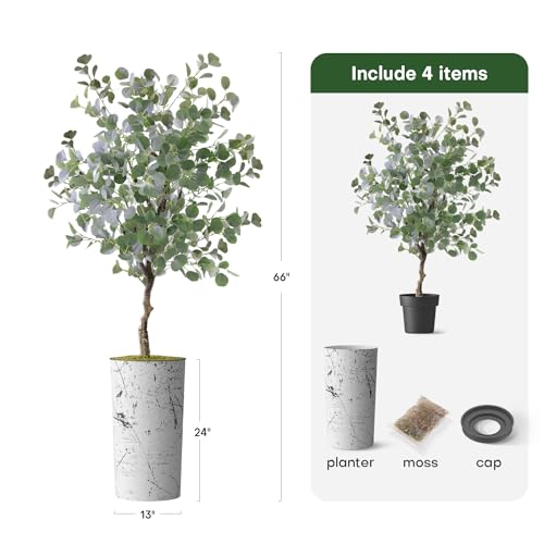 Artificial Tree in Abstract Ink Planter, Fake Eucalyptus Silk Tree for Indoor and Outdoor Home Decoration - 66" Overall Tall (Plant Pot Plus Tree) - style: Eucalyptus Tree