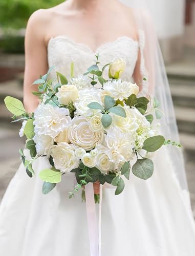 CherishedMoments White Bridal Wedding Bouquet, Artificial Flowers Bridal Cascading Bouquets for Boho Rustic Wedding and Wedding Ceremony, Anniversary - color: White