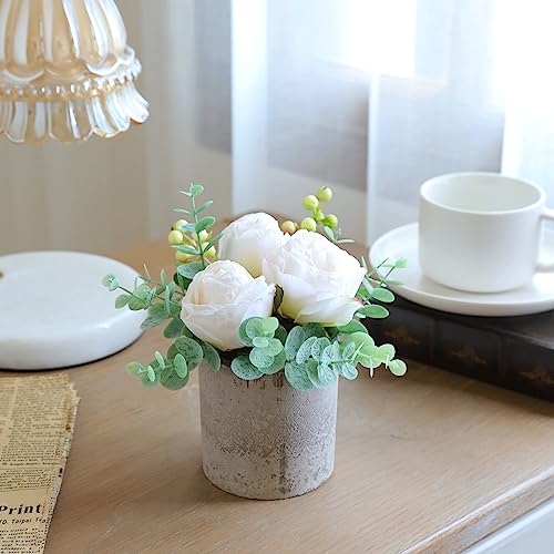 Small Artificial Burnt White Rose Potted Plant, 6" Fake Silk Flowers in 3" Cylindrical Pot, Mini Faux Floral Arrangement for Desk Shelf Bathroom Decor - color: Burnt White