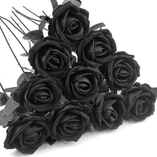 10 PCS Artificial Roses with Long Stems Silk Flowers Realistic Foam Flowers Fake Roses for Valentine's Day Home Wedding Halloween Decor(All Black) - color: All Black