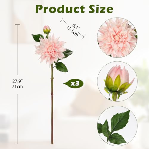 Artificial Dahlia Flowers – Set of 3 | 27.9" Tall Real-Touch Silk Dahlia Stems with Large 6.1" Blooms | Lifelike Soft Pink Faux Flowers for Home Decor, Wedding, Centerpieces & Floral Arrangements - color: Soft Pink