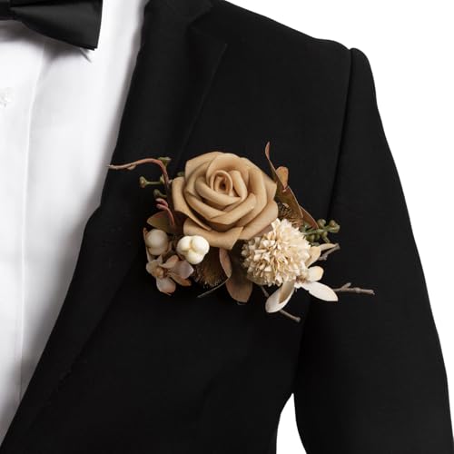 Ling's moment Pocket Boutonniere Single, Boutonniere for Men Groom for Wedding, Prom, Homecoming, Anniversary, Graduation, etc.Sand Beige Gold Sparrow - color: Brn-sand Beige & Gold Sparrow, size: 6" W x 5" H